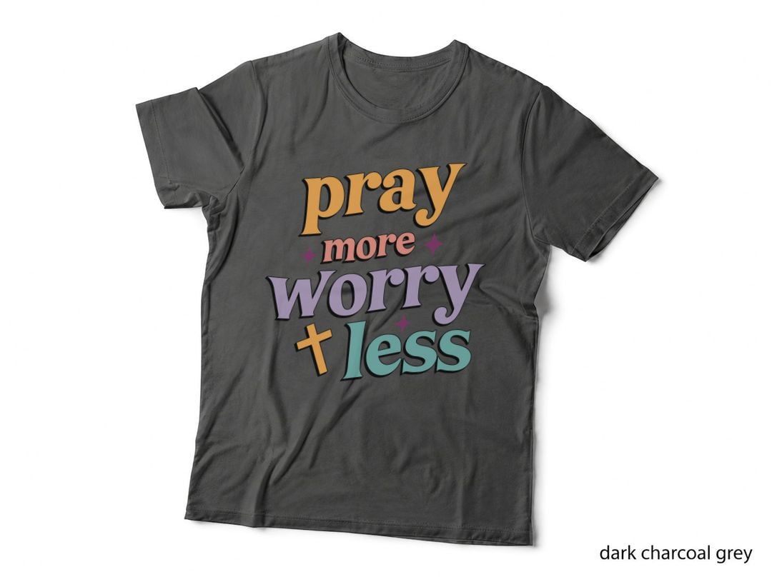 Pray More Worry Less Orange Purple Teal Cross Distressed Style T-Shirt