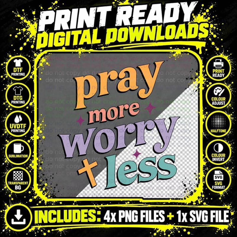 Pray More Worry Less Orange Purple Teal Cross Distressed Png SVG Digital Bundle