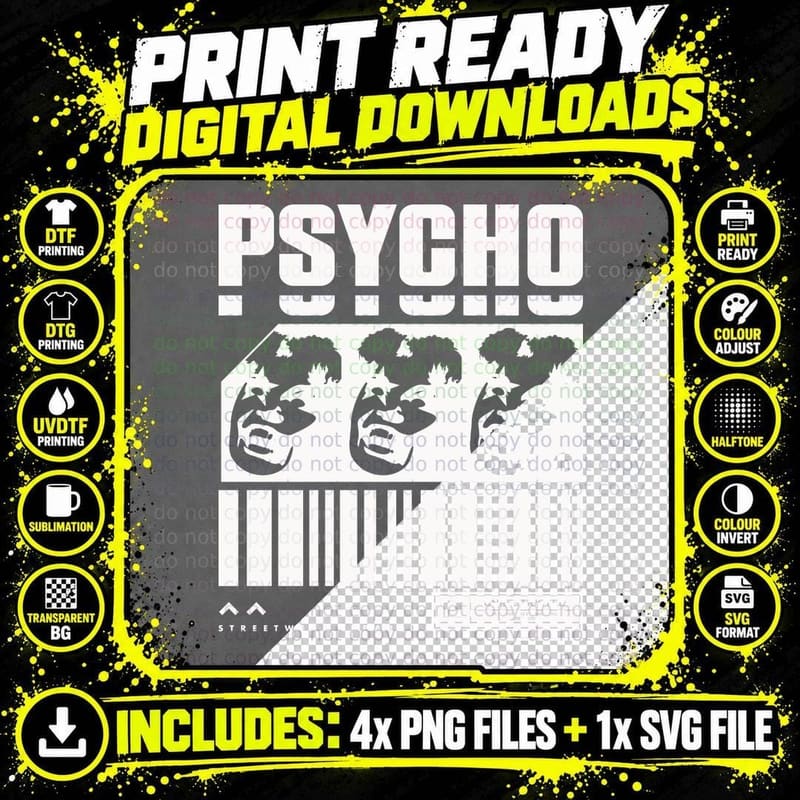 Psycho Unrestricted Faces Halftone Distressed Pop Art Png SVG Digital Bundle
