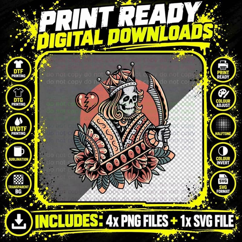 Queen Skull Card Playing Vintage T-Shirt Png SVG Digital Bundle