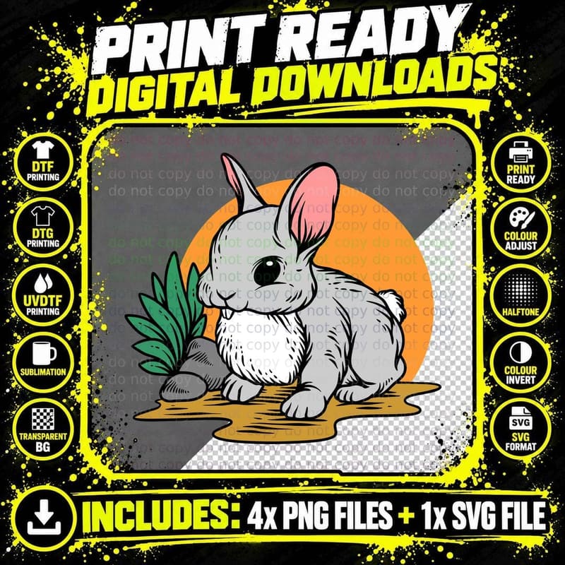 Rabbit White Vintage Orange Sun Retro T-Shirt Png SVG Digital Bundle