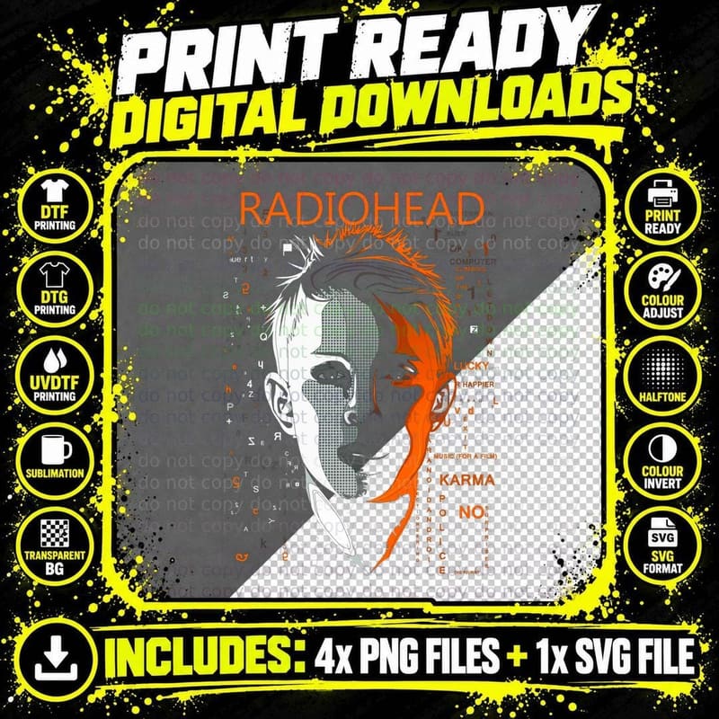 Radiohead Karma Glitch Art Head Halftone Retro Digital Png SVG Digital Bundle