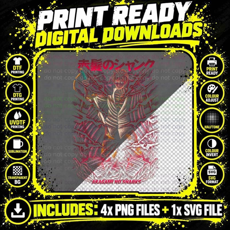 Red Hair Shanks Magenta Warrior Distressed Halftone Png SVG Digital Bundle