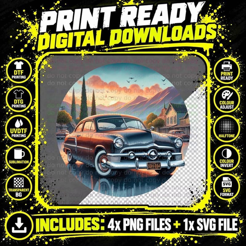 Red Vintage Car Town Orange 1950s in Small Buildings Png SVG Digital Bundle