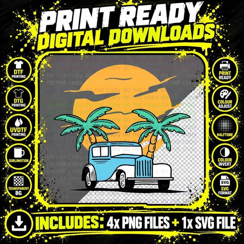 Retro Car Paradise Blue Palm Trees Yellow Sun Tropical Png SVG Digital Bundle