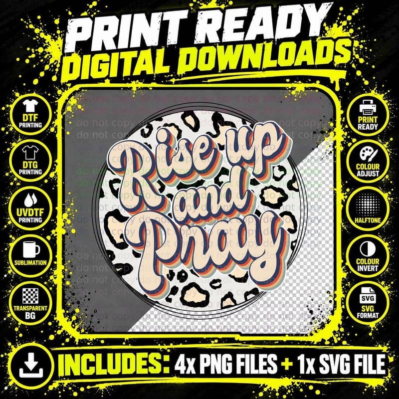 Rise up and Pray Leopard Circle Aesthetic Retro Png SVG Digital Bundle