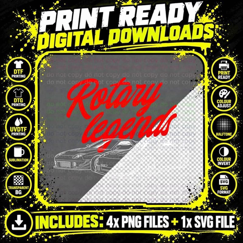 Rotary Legends Grey Sports Car Illustration Retro T-Shirt Png SVG Digital Bundle