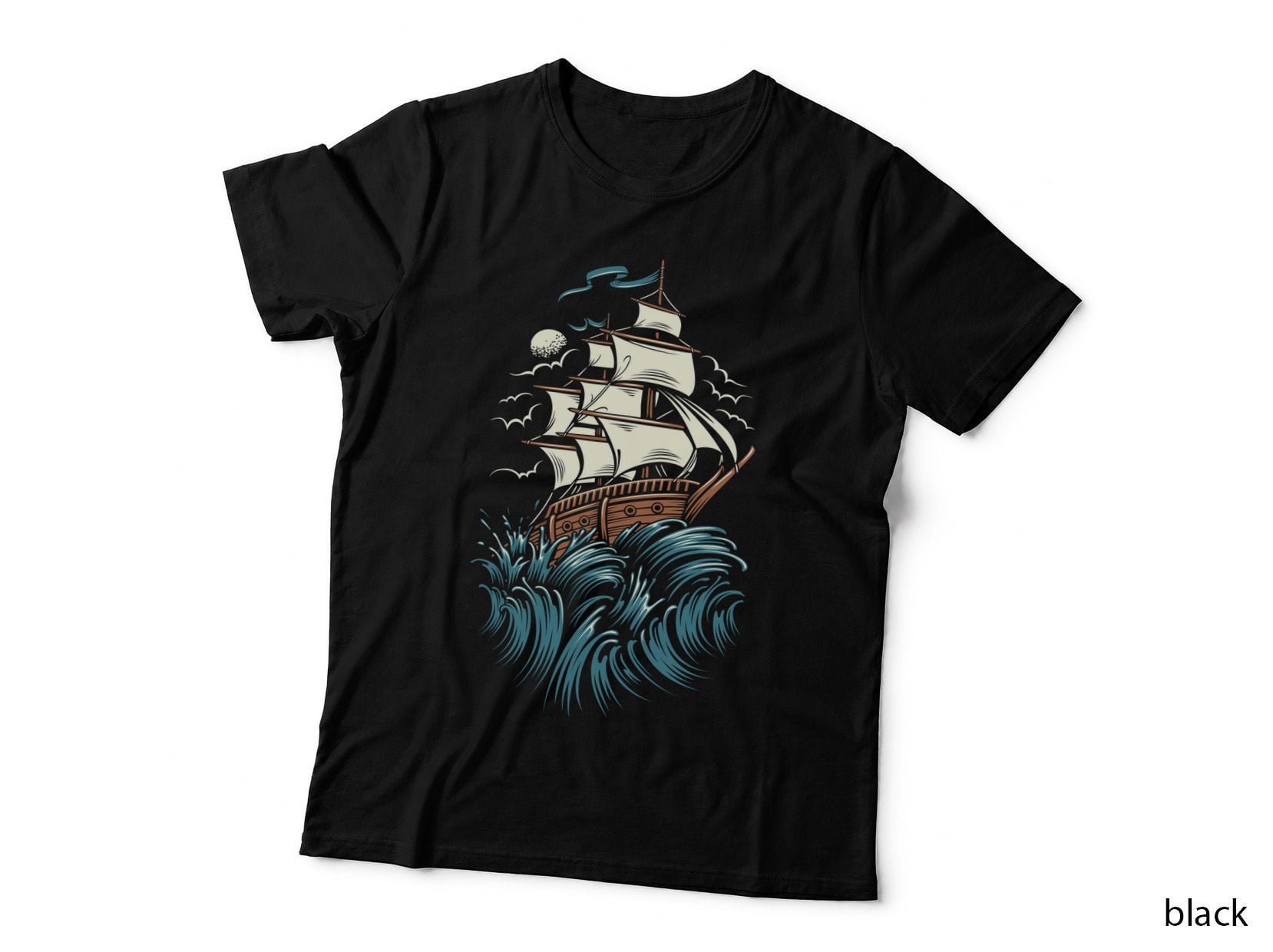 Sailing Ship Tall Sailboat Moon Waves Nautical Retro T-Shirt