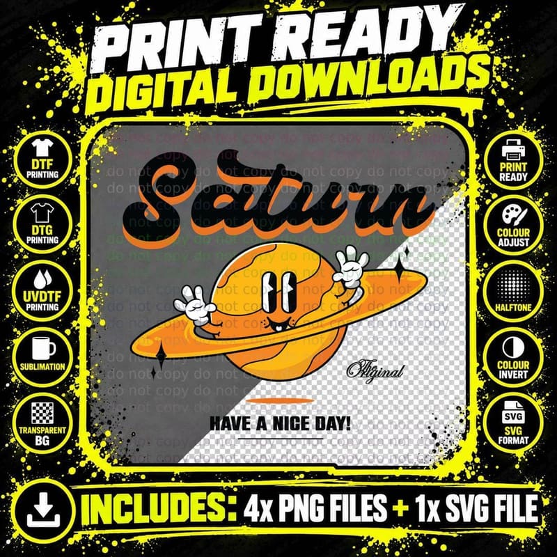 Saturn Original Have a Nice Day Planet Orange Character Png SVG Digital Bundle