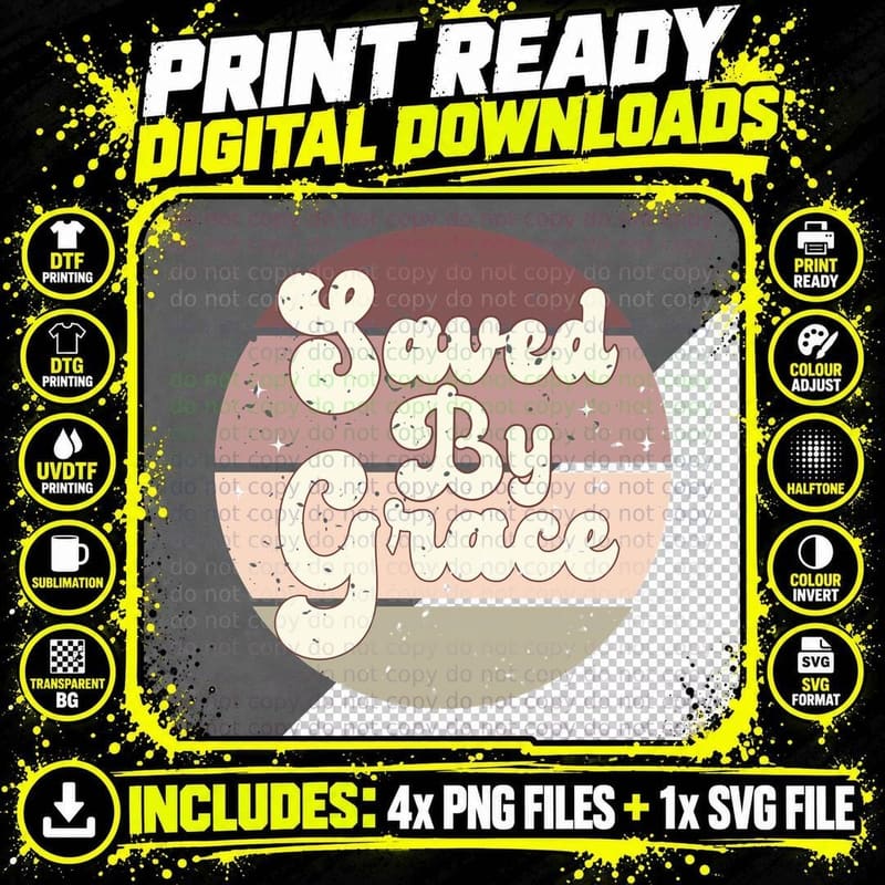 Saved by Grace Circular Vintage Pastel Stripes Spiritual Png SVG Digital Bundle