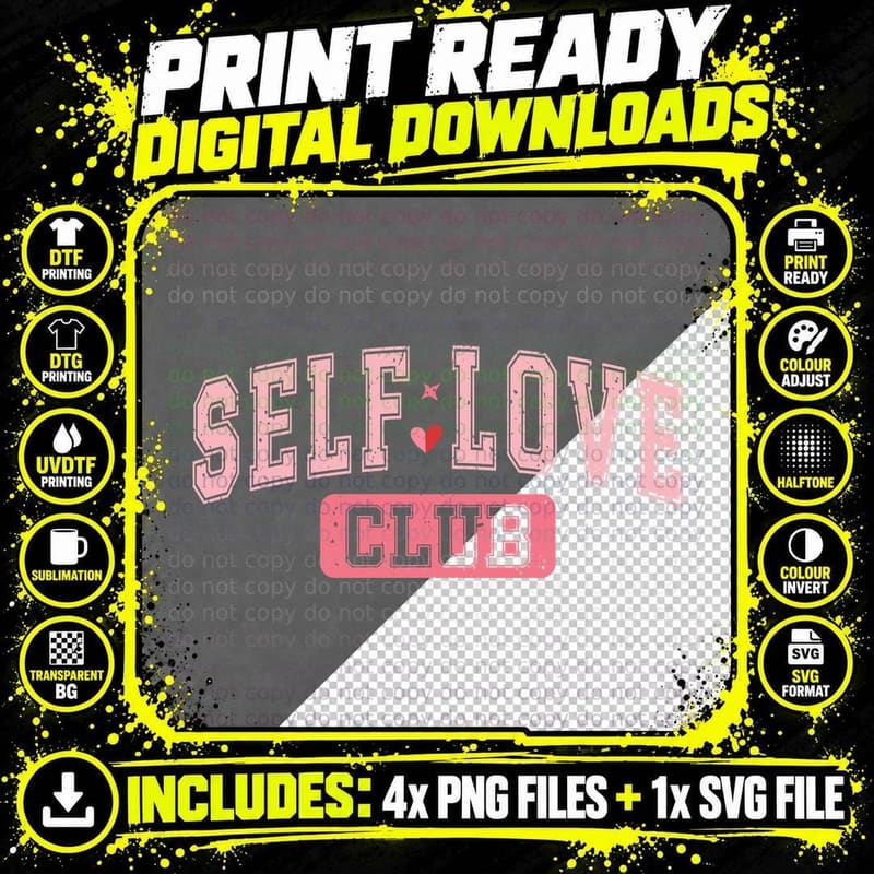 Self Love Club Outlined Pink Retro 70s Aesthetic T-Shirt Png SVG Digital Bundle