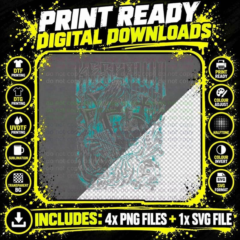 Skull Design Heavily Distressed Low-Contrast Grey Teal Png SVG Digital Bundle