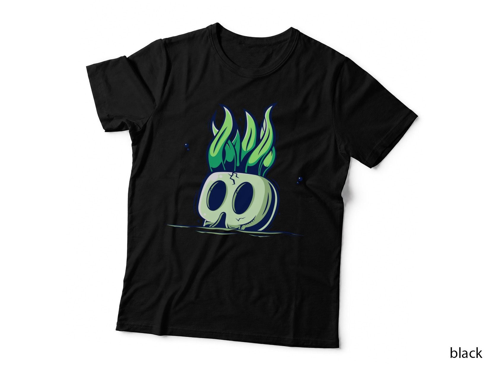 Skull Flames Green Fire Retro T-Shirt