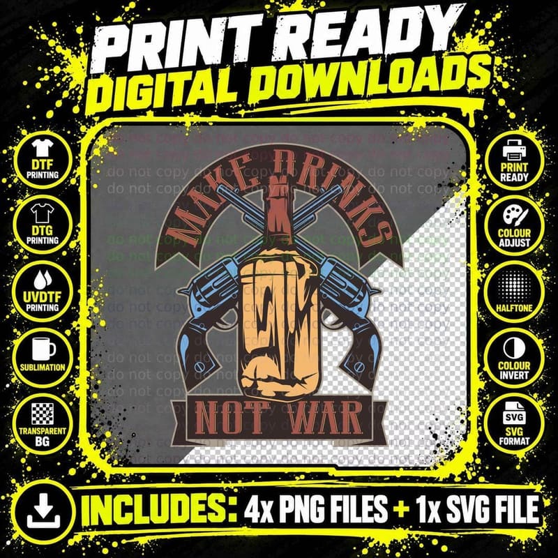 Skull Guns Make Brung Not War Warfare Retro T-Shirt Png SVG Digital Bundle