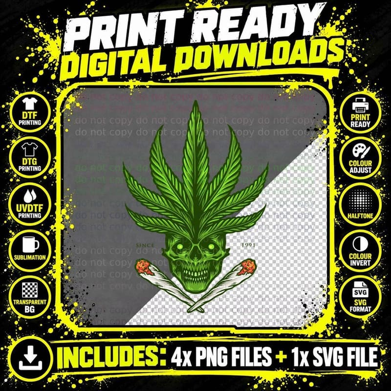 Skull Leaf Since 1991 Green Cannabis with Crossed Joints Png SVG Digital Bundle