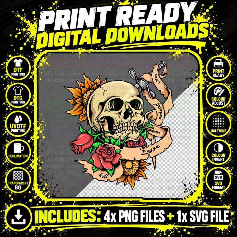 Skull Roses Sunflowers Vintage Tattoo T-Shirt Png SVG Digital Bundle