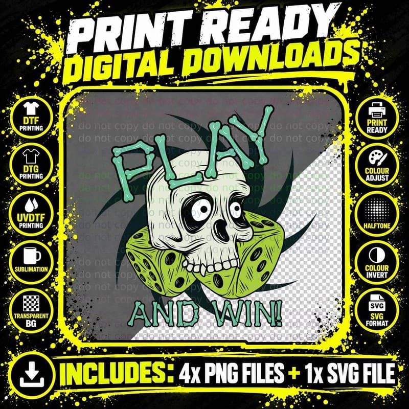 Skull Weed Play and Win Cannabis Green Retro T-Shirt Png SVG Digital Bundle