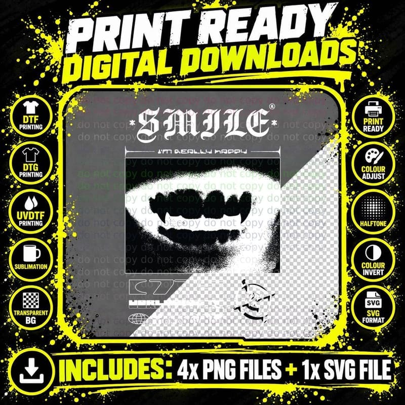 Smile I'm Really Happy Teeth Mouth Halftone Distressed Png SVG Digital Bundle