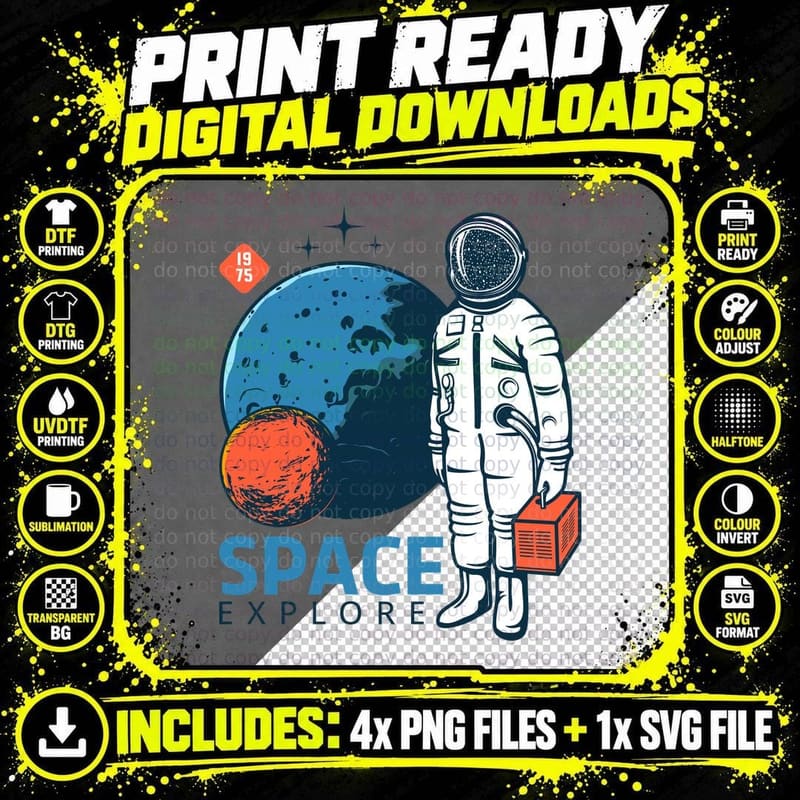Space Explore 1975 Astronaut Planets Retro T-Shirt Png SVG Digital Bundle