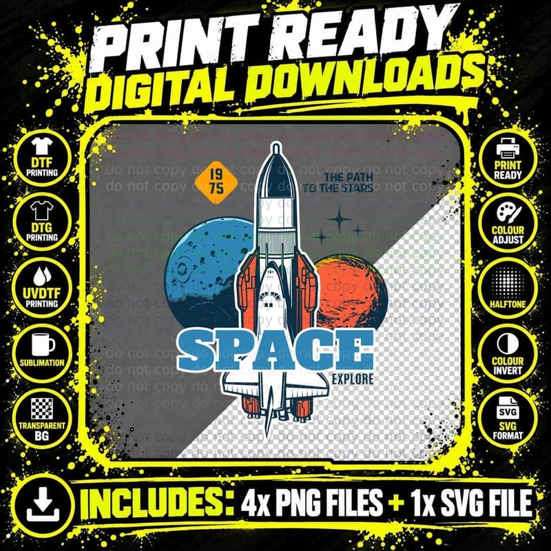 Space Explore the Path to the Stars 1975 Rocket Planets Png SVG Digital Bundle