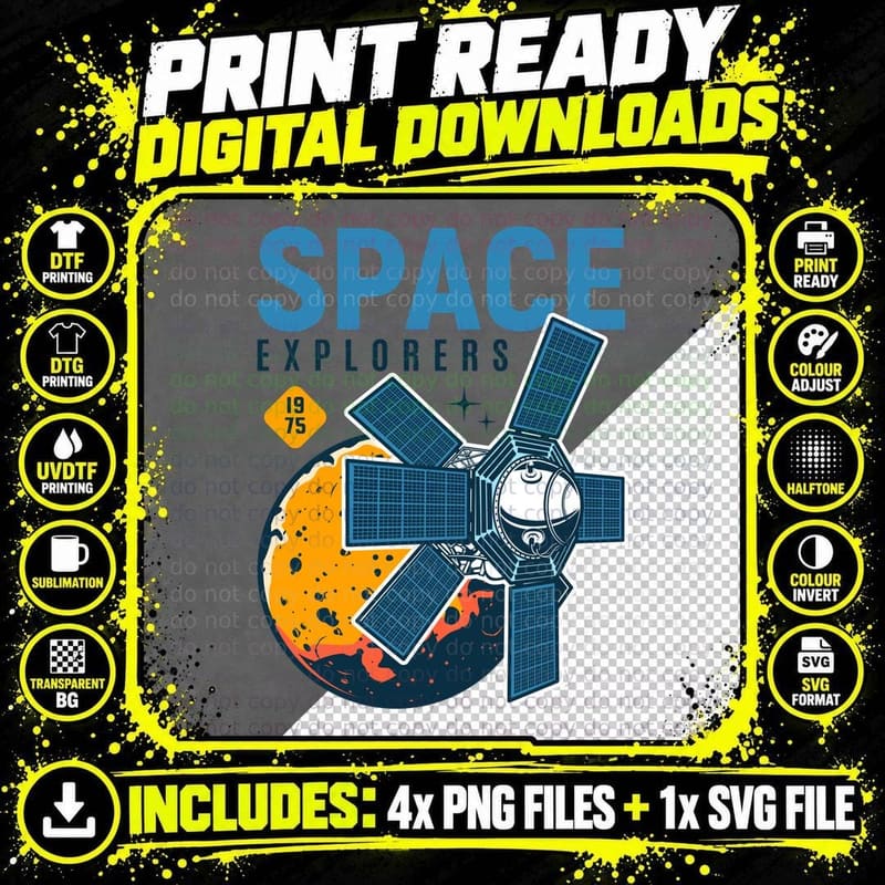 Space Explorers 1975 Satellite Planet Retro T-Shirt Png SVG Digital Bundle