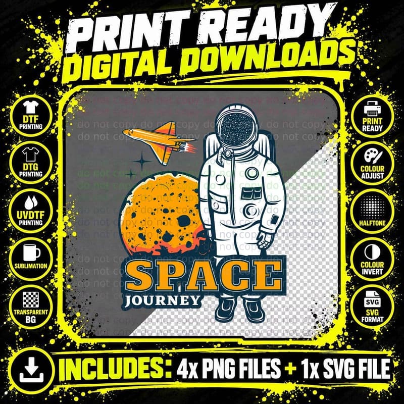 Space Journey Astronaut Planet Spaceship Retro T-Shirt Png SVG Digital Bundle