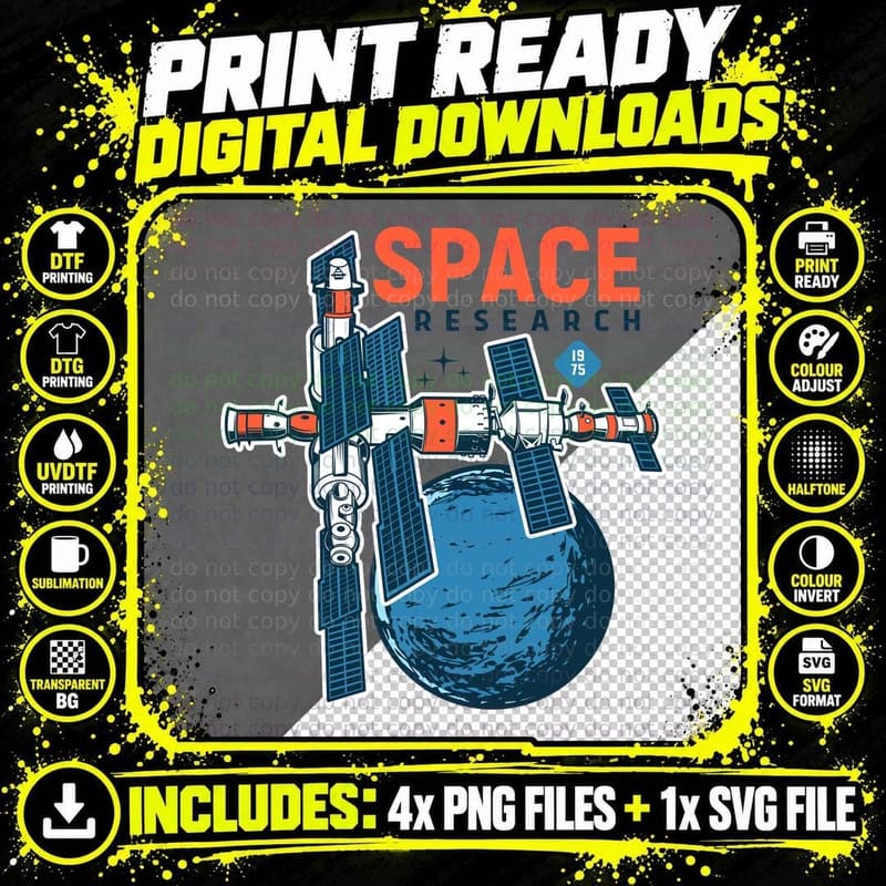 Space Research 1975 Station Satellite Planets Retro Png SVG Digital Bundle