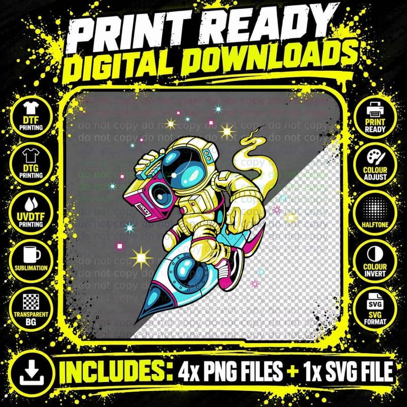 Space Rocket Camera with Telescope Retro Colorful Neon Png SVG Digital Bundle