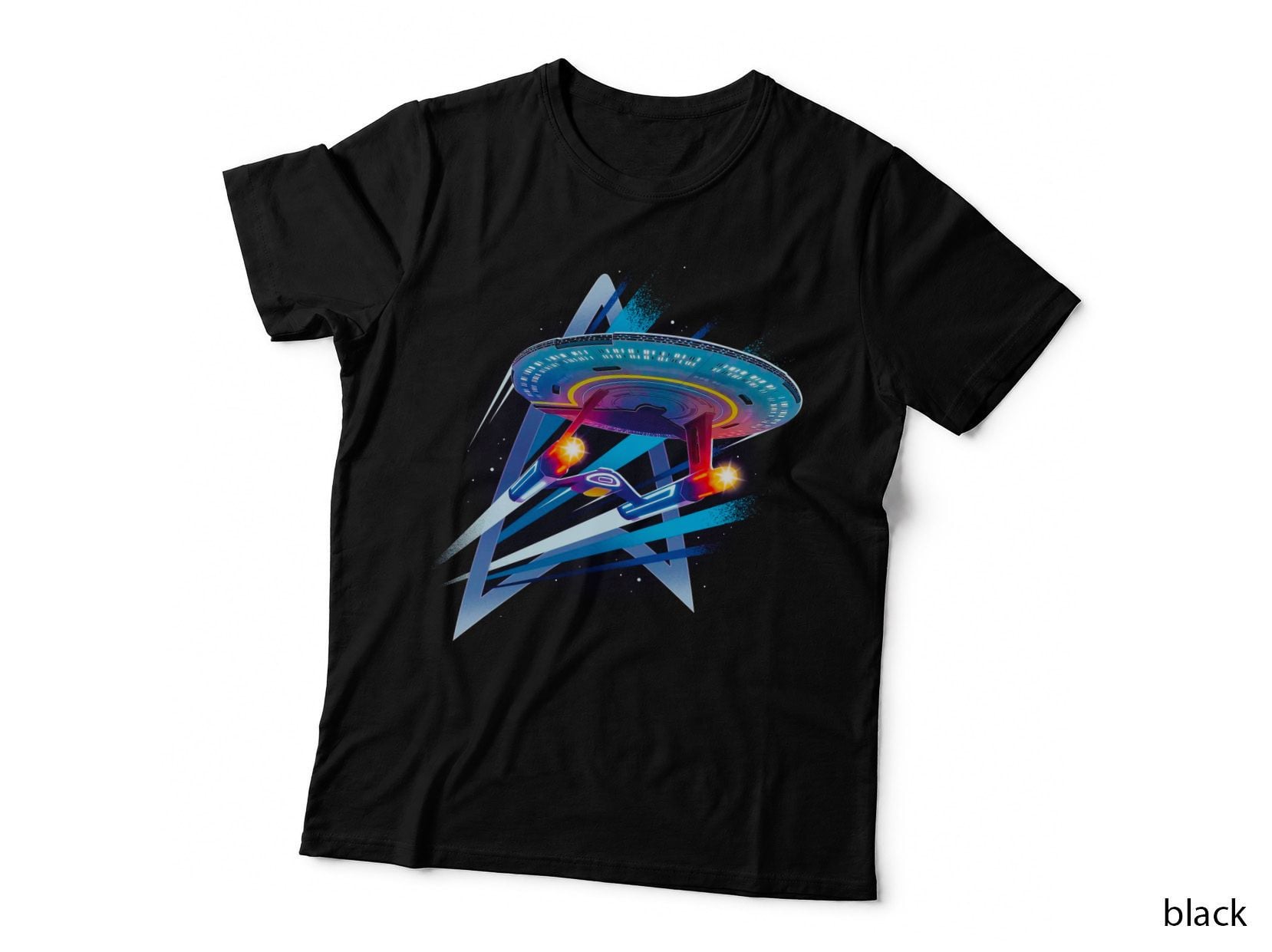 Spacecraft Ufo Ship Neon Blue Purple Rainbow Retro T-Shirt