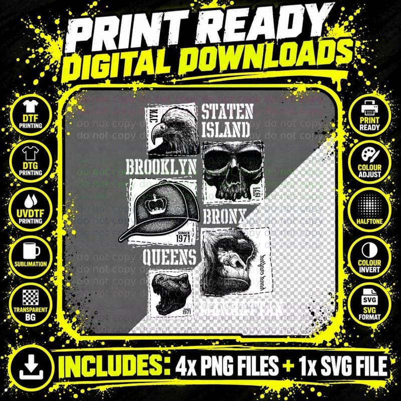 Staten Island Brooklyn Bronx Queens Distressed Black Png SVG Digital Bundle