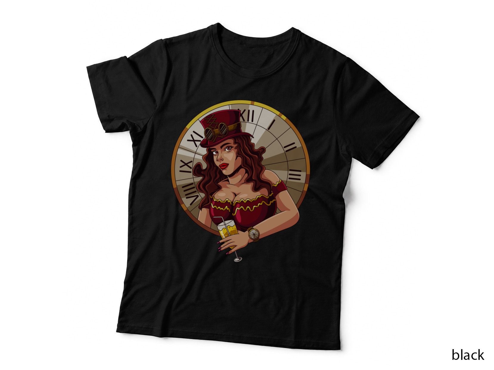 Steampunk Woman Clock Face Goggles Burgundy Red Hair Vintage T-Shirt