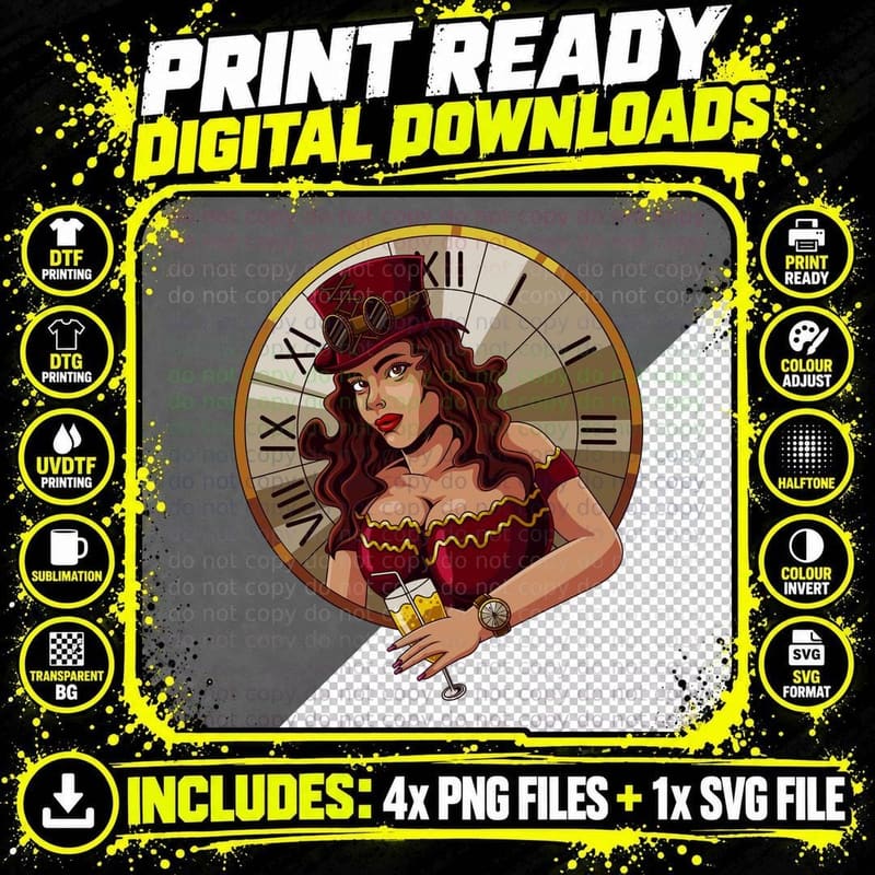 Steampunk Woman Clock Face Goggles Burgundy Red Hair Png SVG Digital Bundle