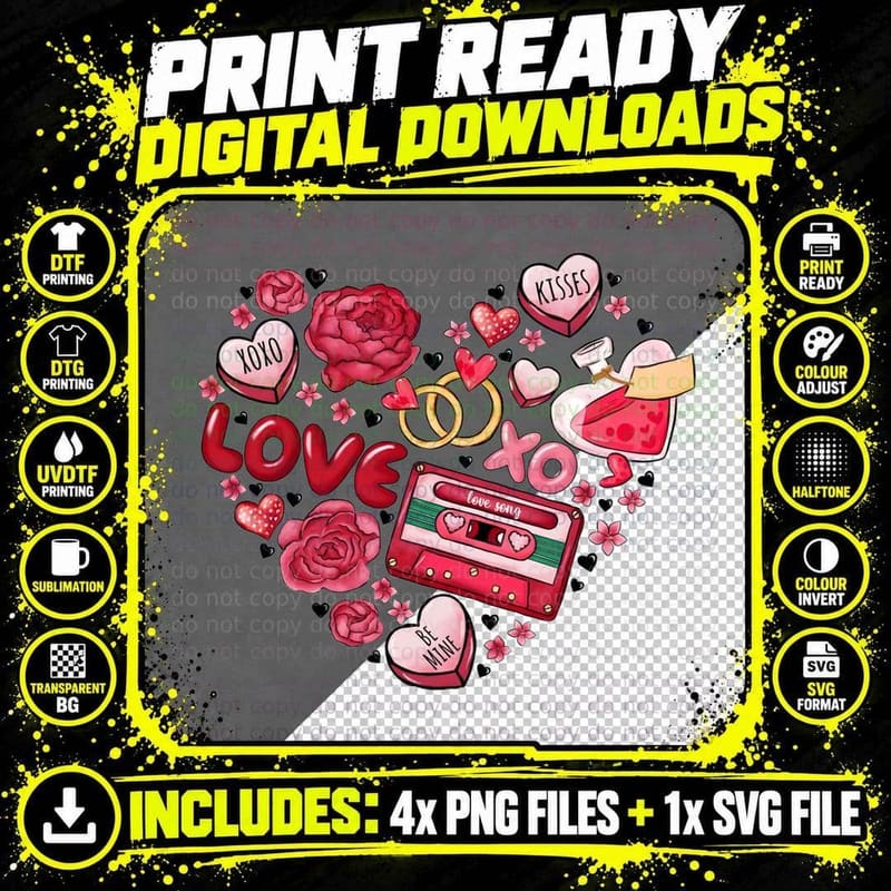 Stitch Love XOXO Kisses Pink Red Vintage Retro Tape Png SVG Digital Bundle