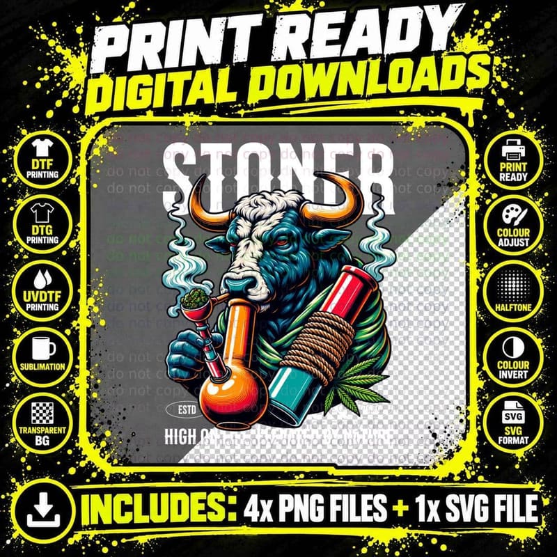 Stoned Bull High on Life Elevated by Nature Blue Horned Png SVG Digital Bundle