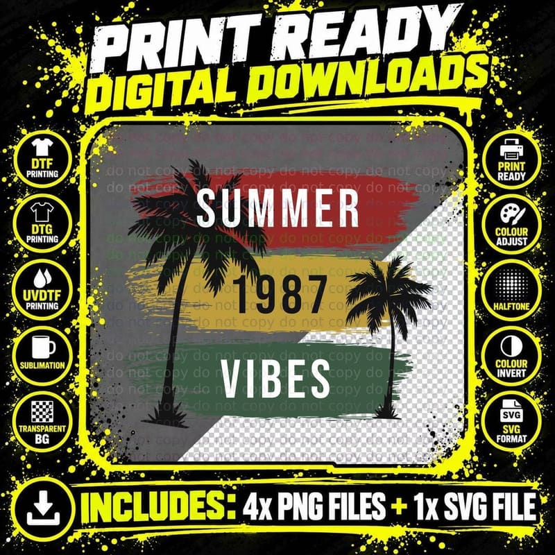 Summer 1987 Vibes Palm Tree Vintage 80s Retro Nostalgia Png SVG Digital Bundle