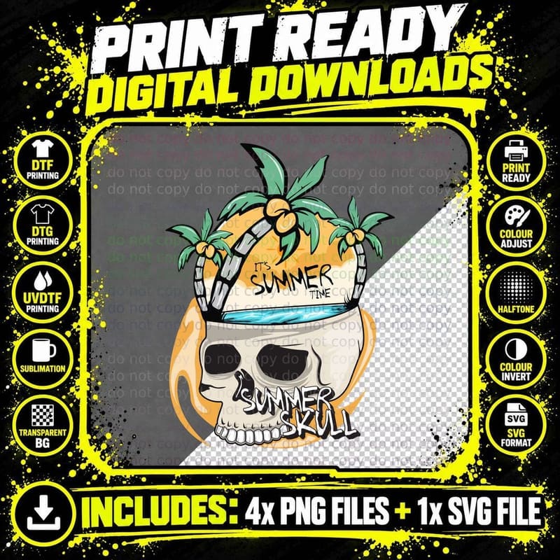 Summer Skull Time Palms Tropical Orange Yellow Retro Png SVG Digital Bundle