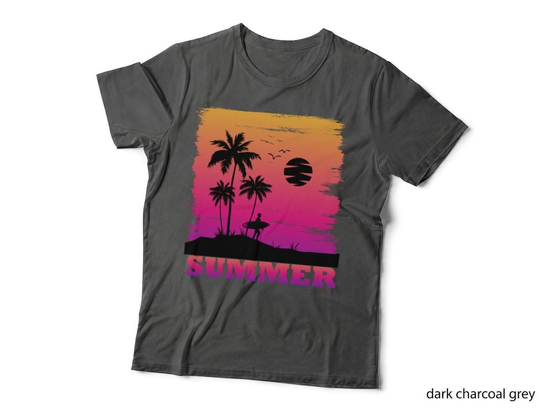 Summer Surfer Magenta Sunset with Silhouette and Palm Retro Art T-Shirt
