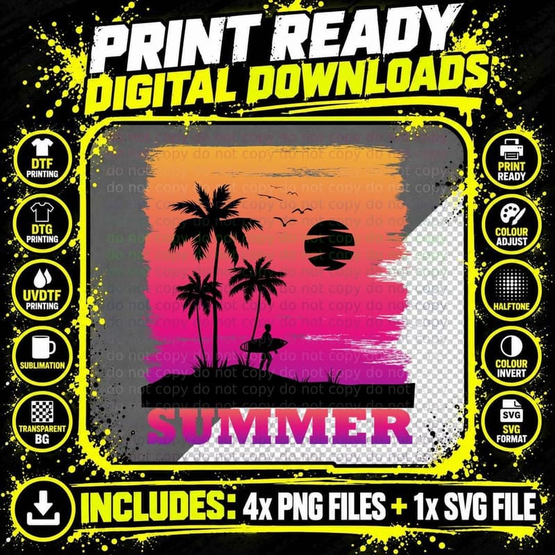 Summer Surfer Magenta Sunset with Silhouette and Palm Png SVG Digital Bundle