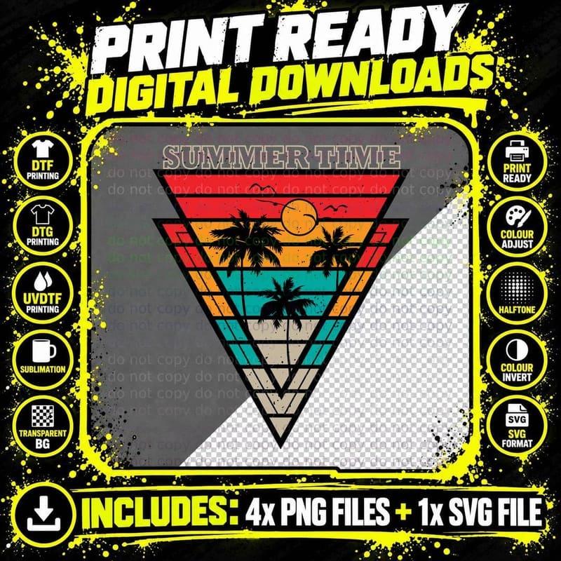 Summer Time Triangle Geometric Retro Sunset Design Palm Png SVG Digital Bundle