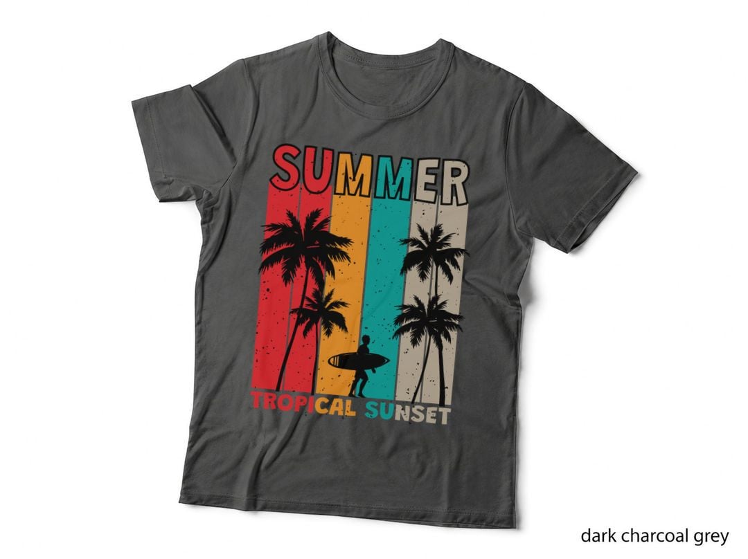 Summer Tropical Surfer Sunset Colorful Striped with Surfing Silhouette T-Shirt