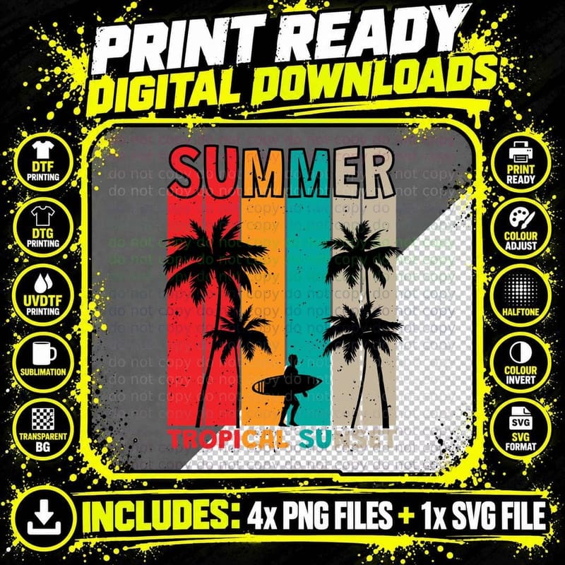 Summer Tropical Surfer Sunset Colorful Striped with Png SVG Digital Bundle