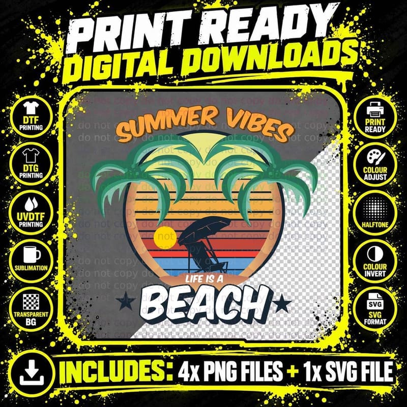 Summer Vibes Life Is a Beach Surfer Palm Tree Girl Retro Png SVG Digital Bundle
