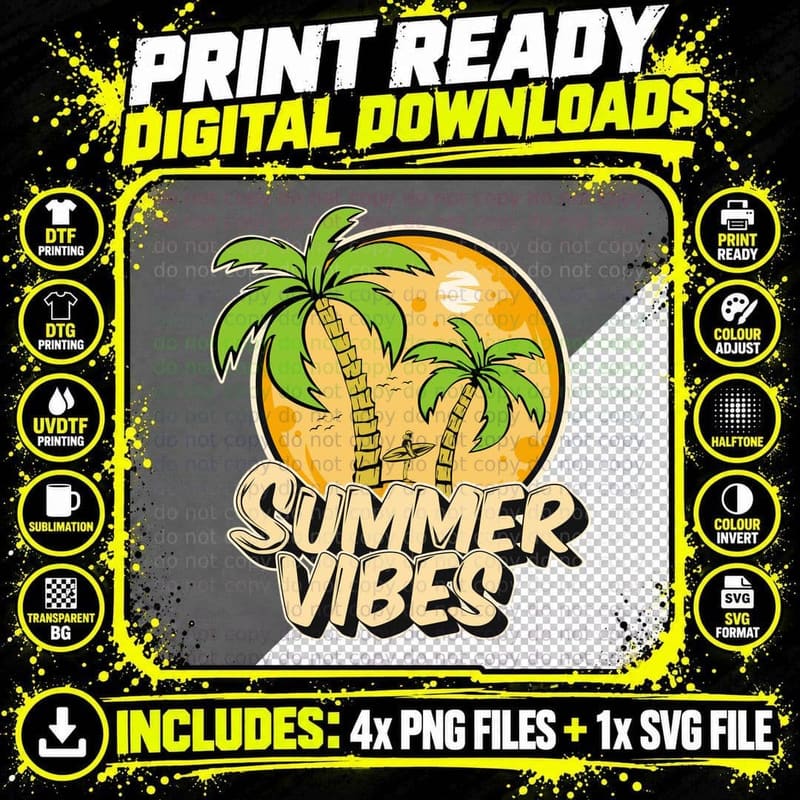 Summer Vibes Palm Tree Circle Yellow Orange Retro Badge Png SVG Digital Bundle