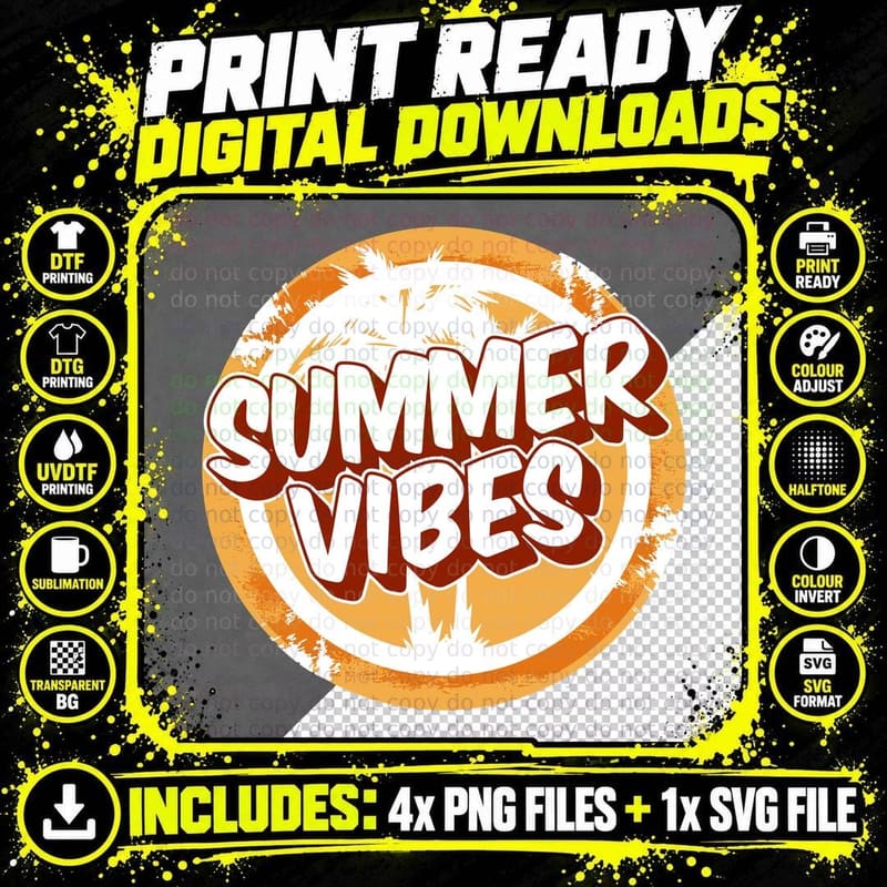 Summer Vibes Palm Trees Orange Circle Retro Badge T-Shirt Png SVG Digital Bundle