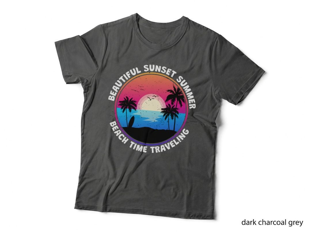 Sunset Summer Traveling Beautiful Beach Time Circular Retro Design Palm T-Shirt