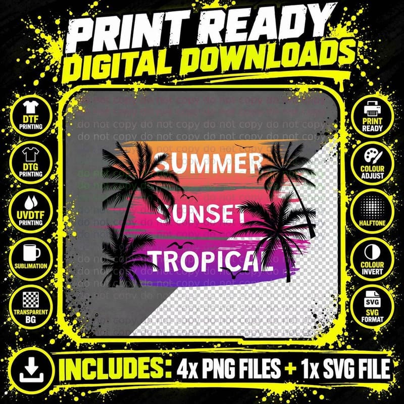 Sunset Tropical Silhouette Summer Palm Tree Silhouettes Png SVG Digital Bundle