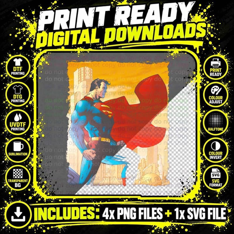 Superman Flying Classic with Red Cape Over City Heroic Png SVG Digital Bundle