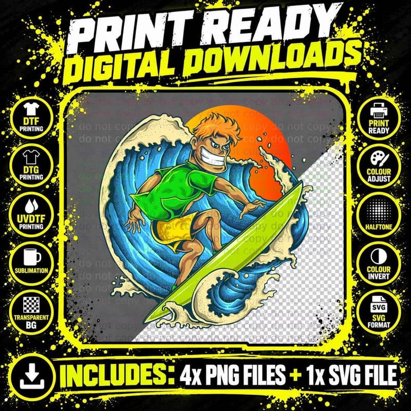 Surfer Riding Wave Retro Orange Sun T-Shirt Png SVG Digital Bundle