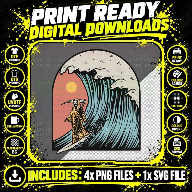 Surfer Riding Wave Retro Sun T-Shirt Png SVG Digital Bundle