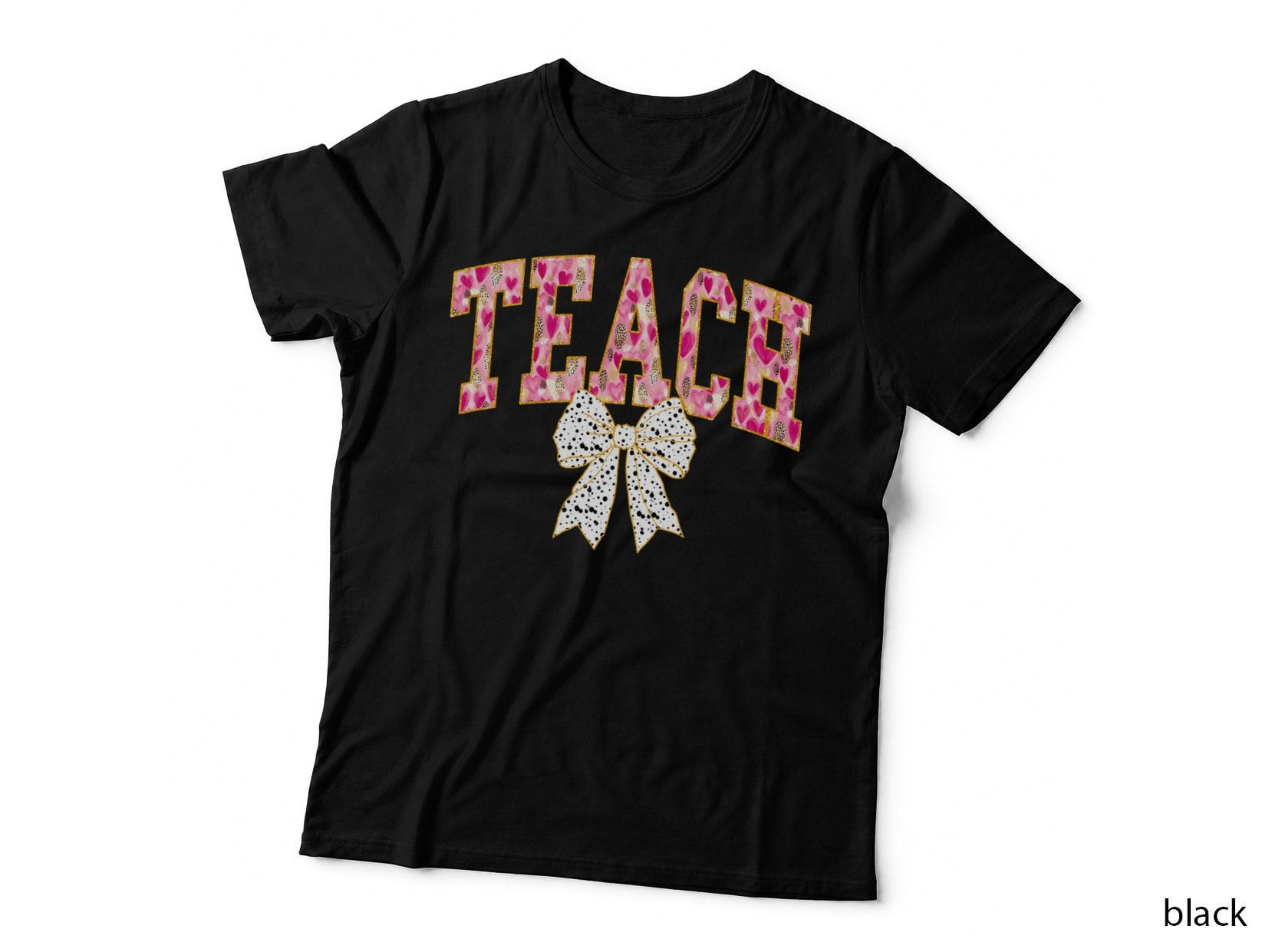 Team Typography Retro Pink Hearts Text Gold Bow T-Shirt